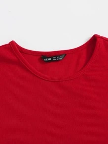 SHEIN EZwear Solid Rib-knit Crop Tee - Red - View 4