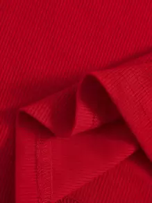 SHEIN EZwear Solid Rib-knit Crop Tee - Red - View 5