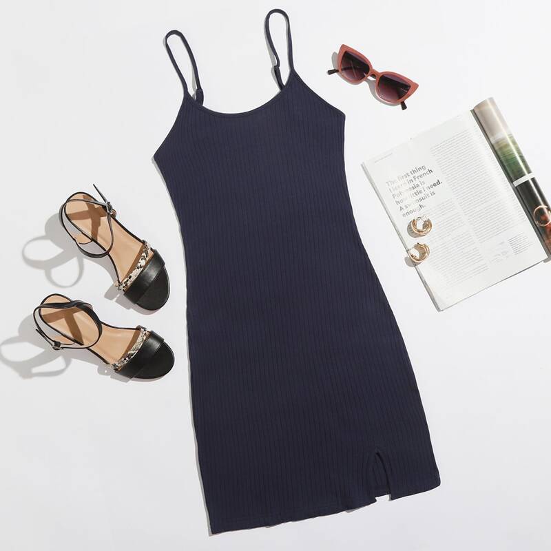 

Split Hem Rib-knit Bodycon Dress, Navy blue