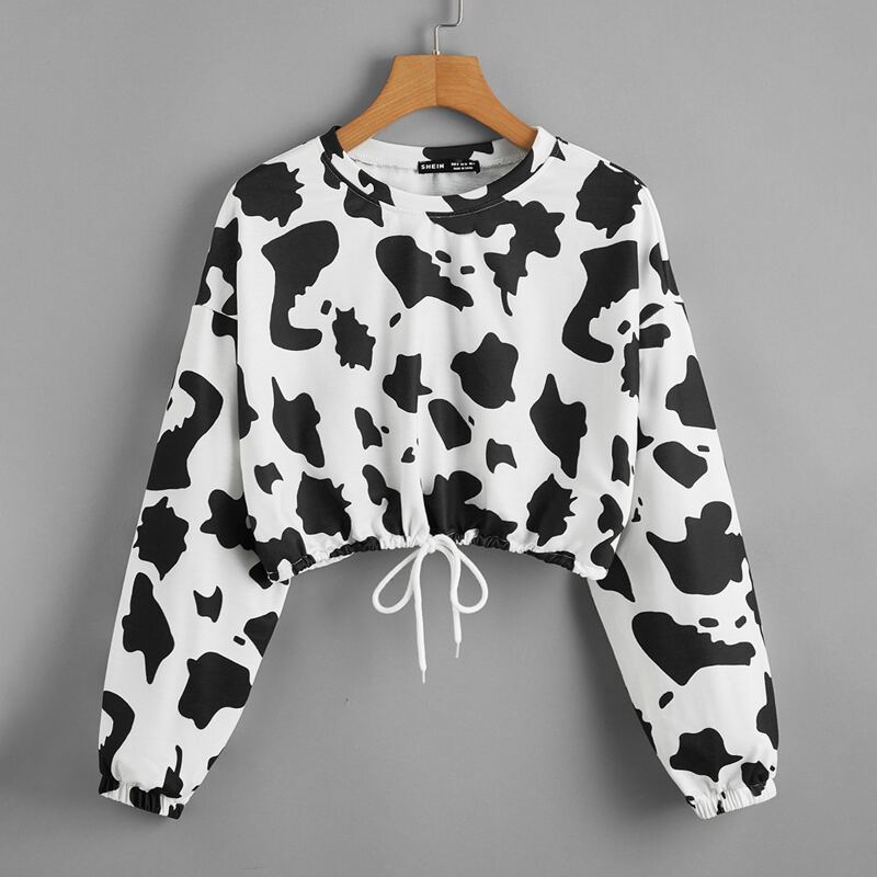 

Cow Print Drawstring Crop Sweatshirt, Black and white