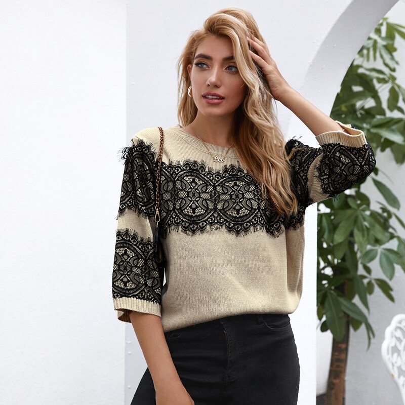 

Contrast Lace Knit Top, Multicolor