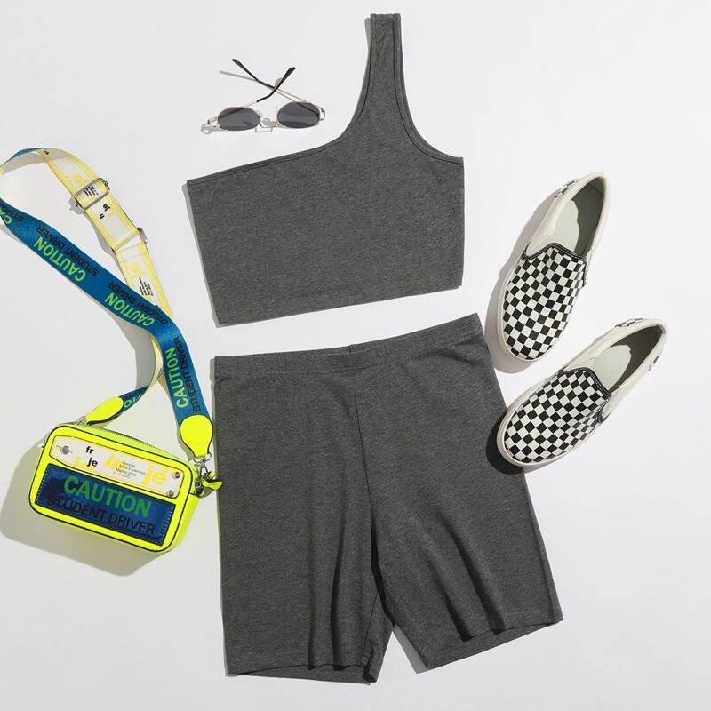 

One Shoulder Heather Knit Top & Biker Shorts Set, Dark grey