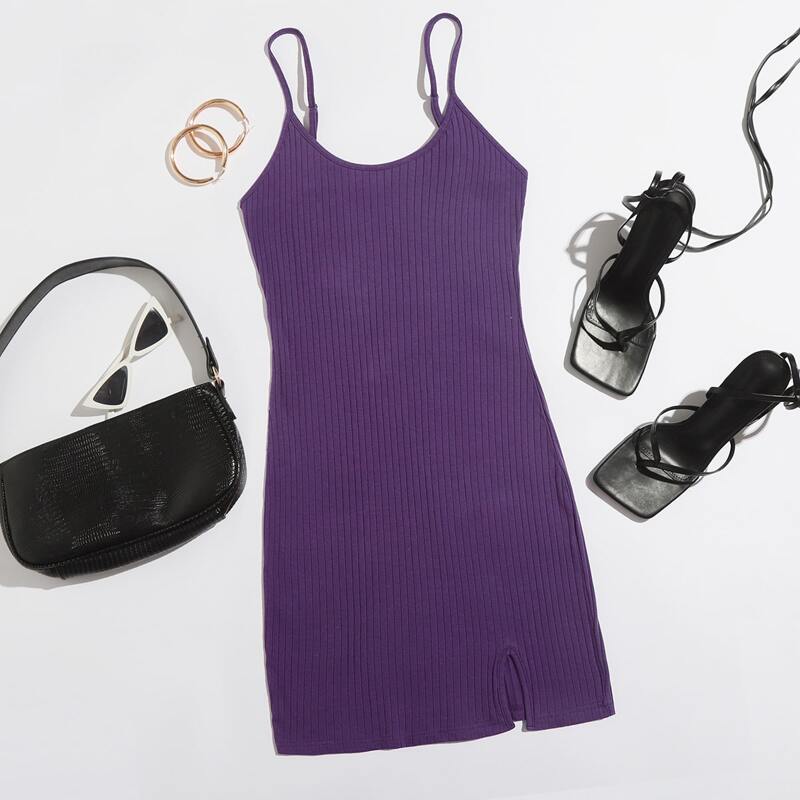 

Split Hem Rib-knit Bodycon Dress, Violet purple