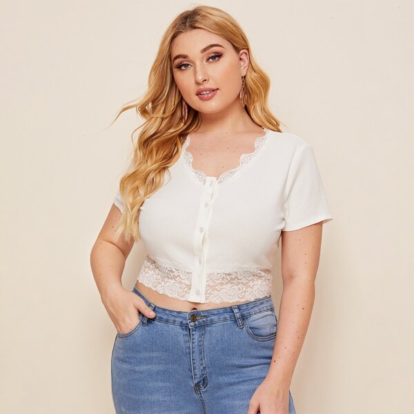 

Plus Lace Trim Button Up Ribbed Tee, White