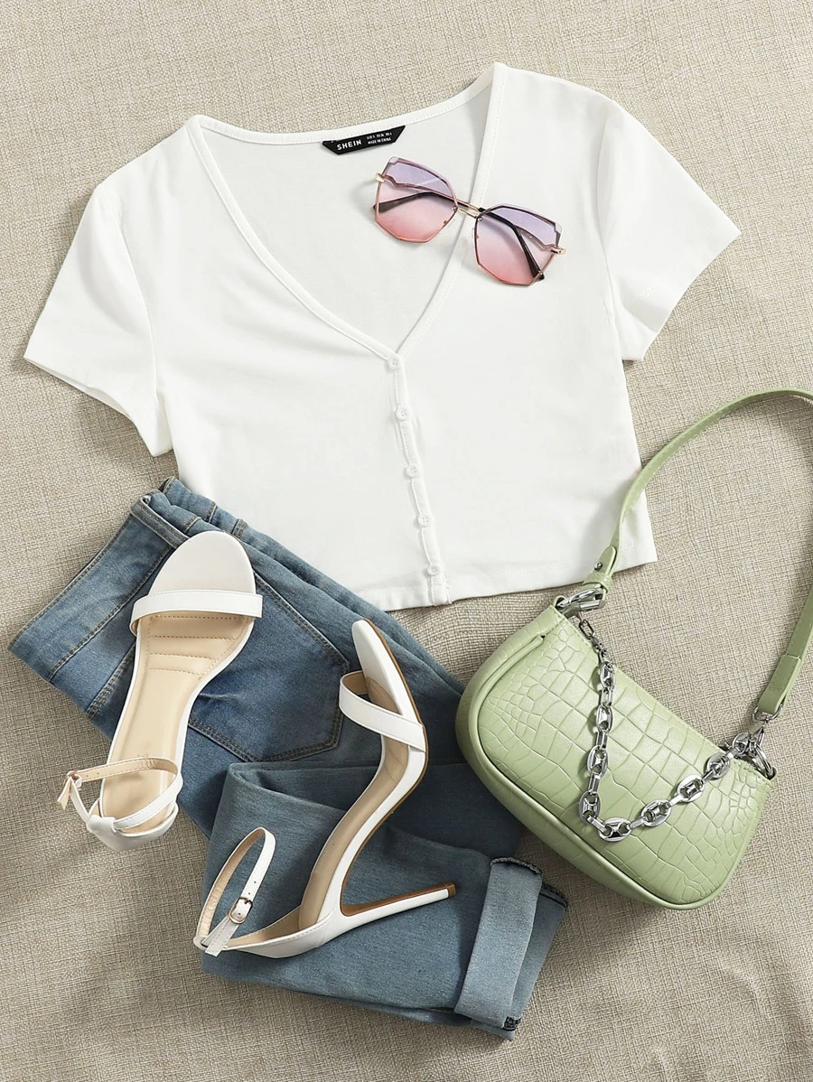 Muchica Button Front Crop Top - White - View 1