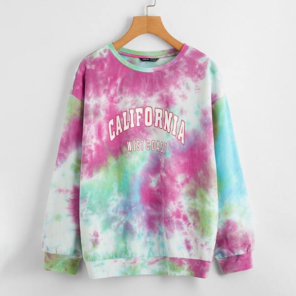

Drop Shoulder Letter Graphic Tie Dye Pullover, Multicolor