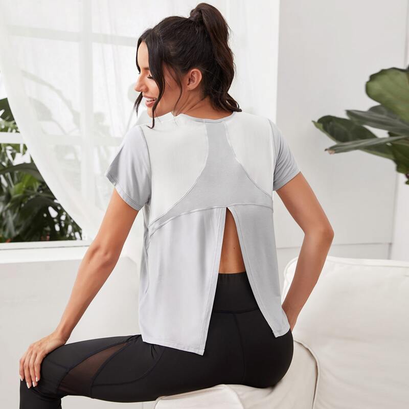 

Color Block Split Back Sports Tee, Light grey