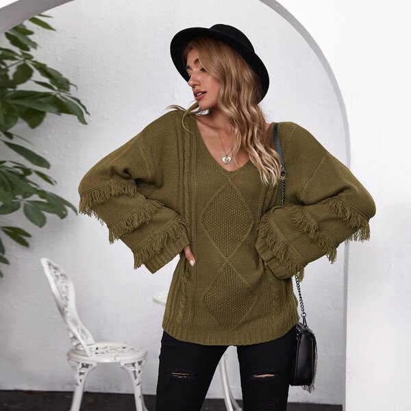 

Fringe Detail Slit Hem Kimono Sleeve Sweater, Army green