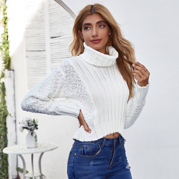 

Turtleneck Popcorn Knit Crop Sweater, White