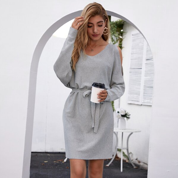 

Cold Shoulder Batwing Sleeve Belted Sweater Dress, Grey