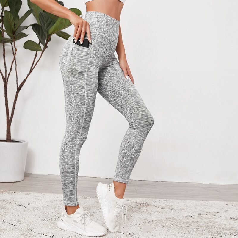 

Marled Wide Band Waist Sports Leggings With Phone Pocket, Grey