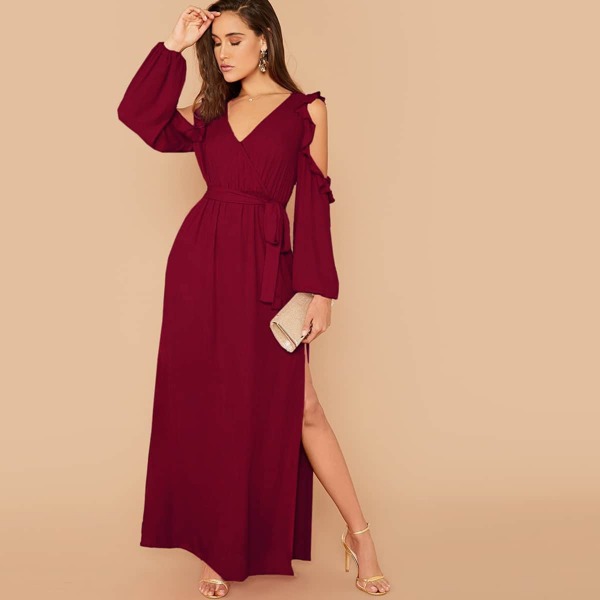 

Cut Out Sleeve Ruffle Trim Split Thigh Dress, Burgundy