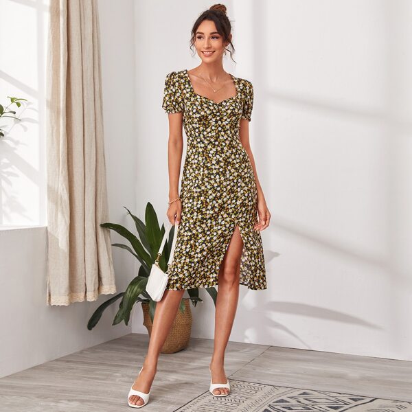 

Split Thigh Ditsy Floral Milkmaid Dress, Multicolor