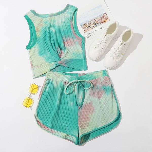 

Tie Dye Twist Front Rib-knit Tank Top & Dolphin Shorts Set, Multicolor
