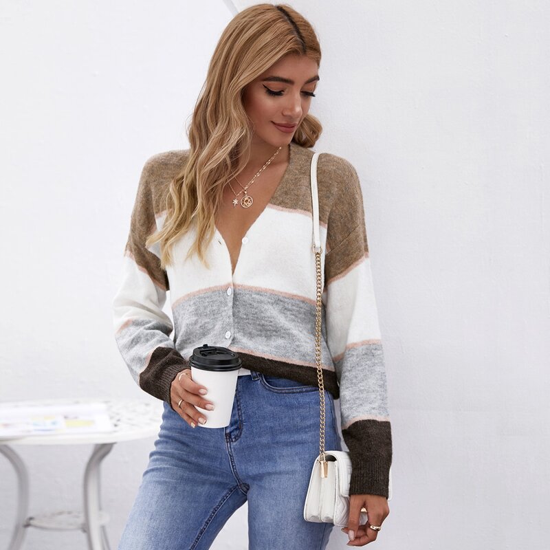 

Drop Shoulder Button Front Colorblock Cardigan, Multicolor