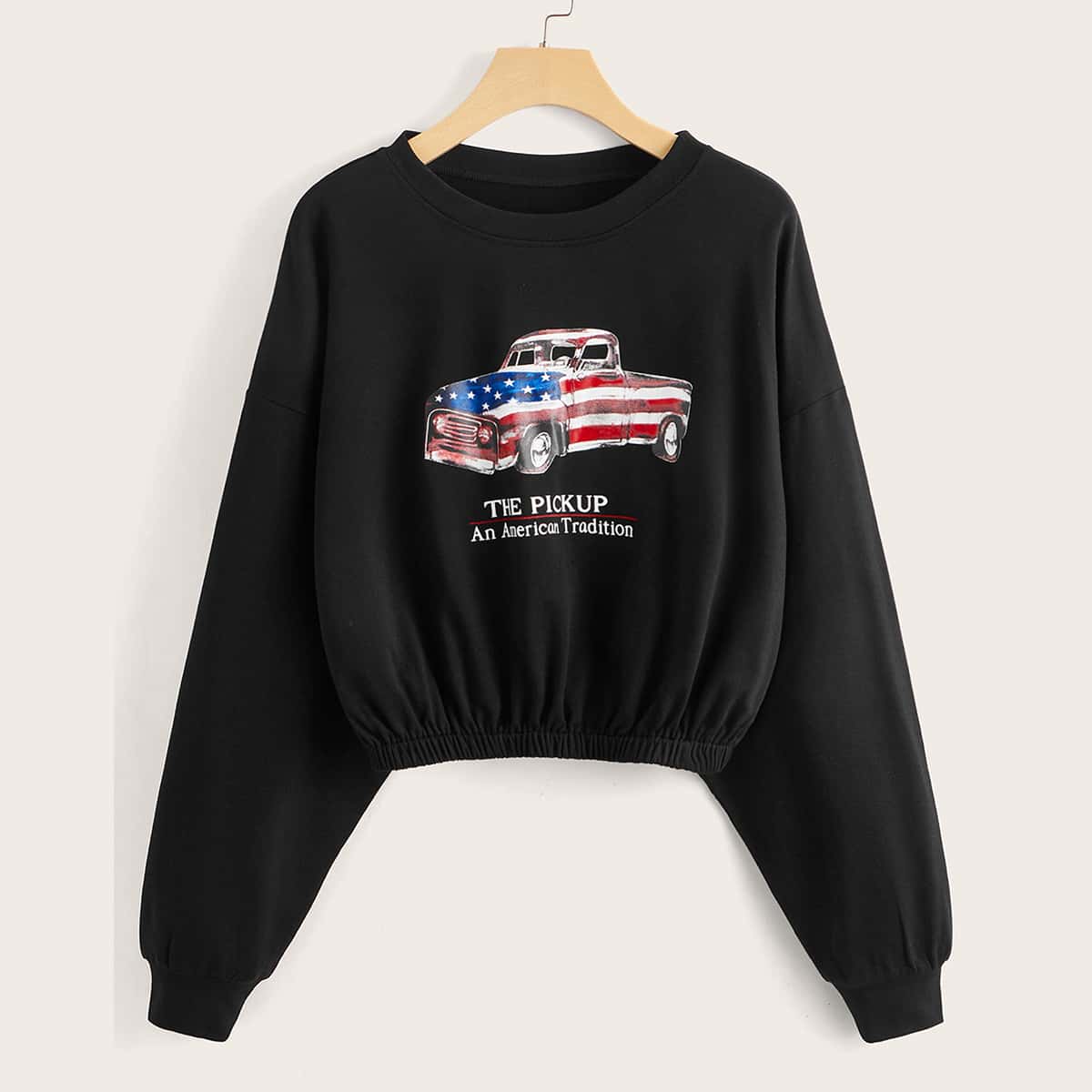

Car & Letter Graphic Crop Sweatshirt, Black