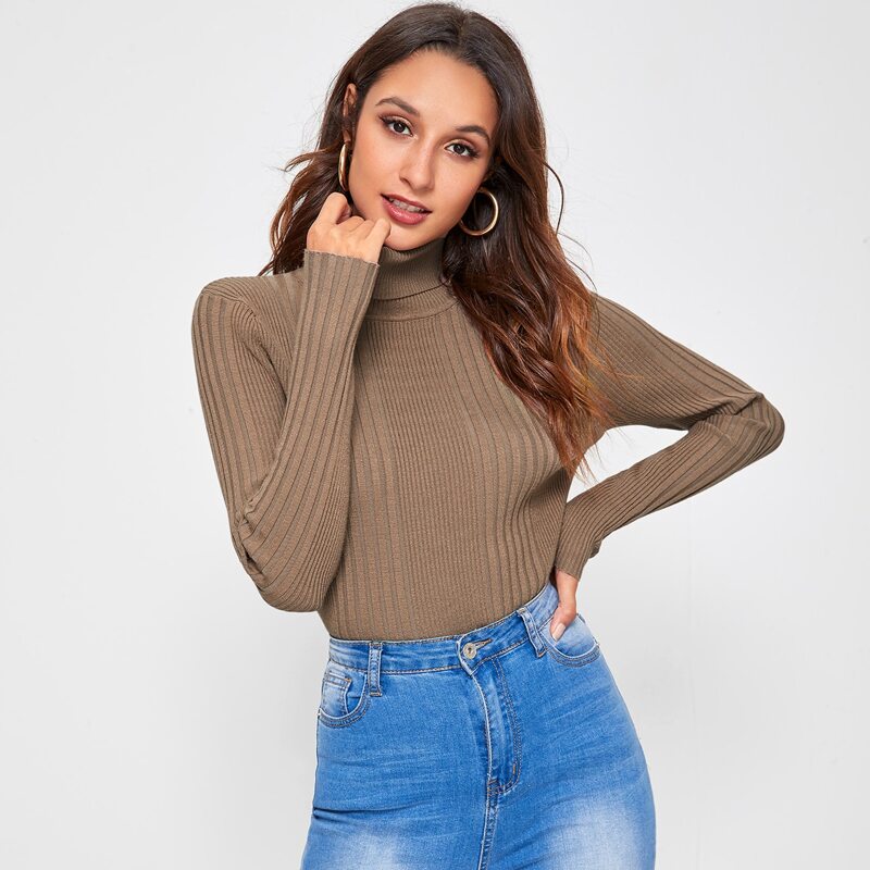 

Turtleneck Rib-knit Sweater, Mocha brown