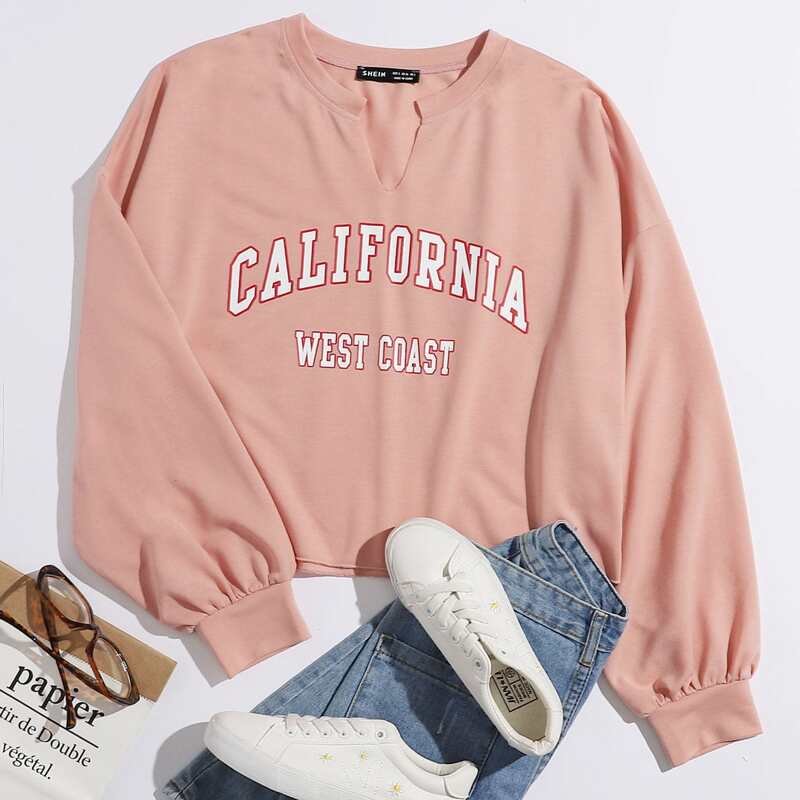 

Notched Neck Letter Graphic Oversized Sweatshirt, Dusty pink
