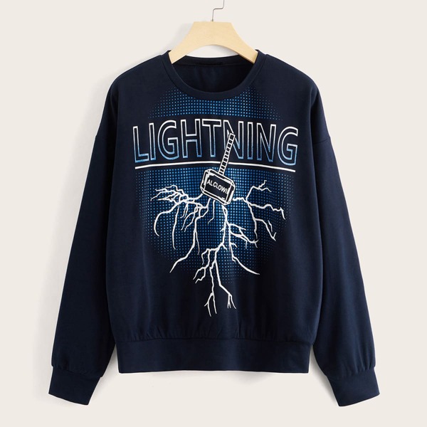 

Letter & Lighting Graphic Oversized Sweatshirt, Navy blue