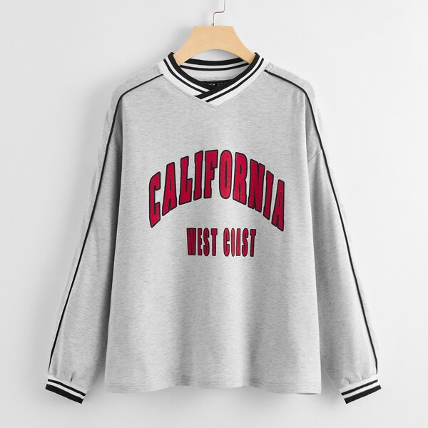 

Drop Shoulder Striped & Letter Graphic Sweatshirt, Light grey