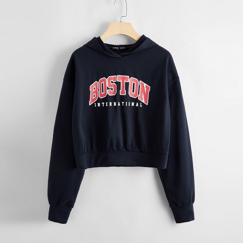 

Drop Shoulder Letter Graphic Crop Hoodie, Navy blue