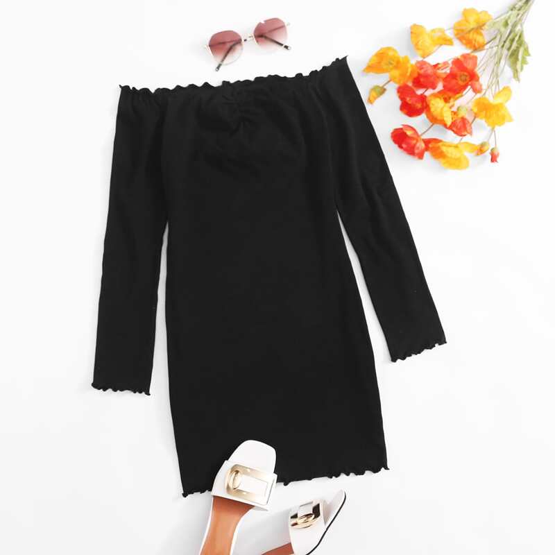 

Lettuce Trim Ruched Front Bardot Dress, Black