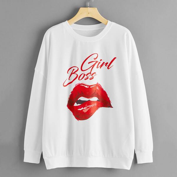 

Drop Shoulder Letter & Mouth Print Sweatshirt, White