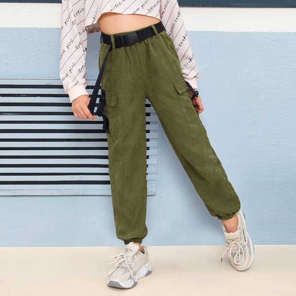 

Girls Buckle Belted Pocket Patched Pants, Army green