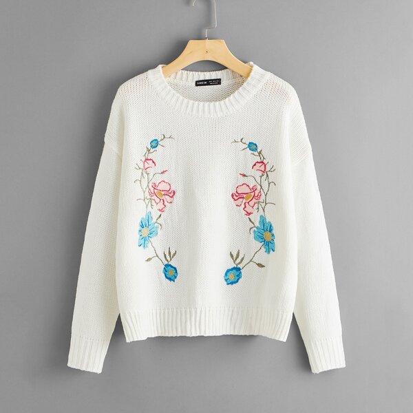 

Drop Shoulder Floral Embroidery Sweater, White
