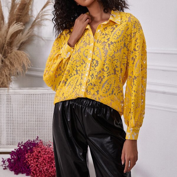 

Button Front Drop Shoulder Lace Blouse, Yellow