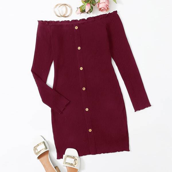 

Button Front Lettuce Trim Rib-knit Dress, Maroon