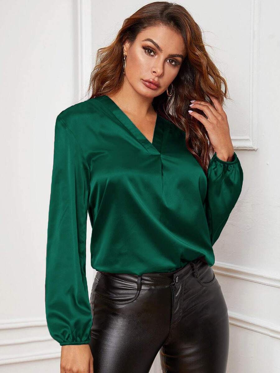 SHEIN Privé v領燈籠袖緞面襯衫 - 墨綠色 - 查看 1