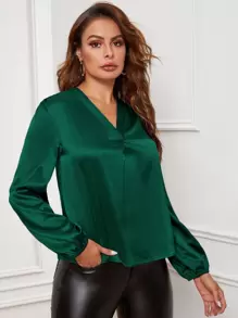 SHEIN Privé v領燈籠袖緞面襯衫 - 墨綠色 - 查看 3