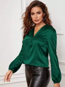SHEIN Privé v領燈籠袖緞面襯衫 - 墨綠色 - 查看 5