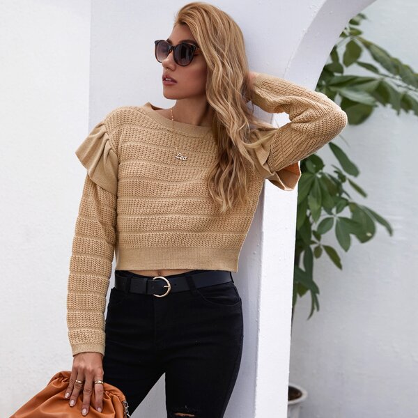 

Ruffle Trim Drop Shoulder Crop Sweater, Apricot