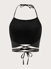 SHEIN Unity Tie Hem Crop Halter Top - Black - View 2