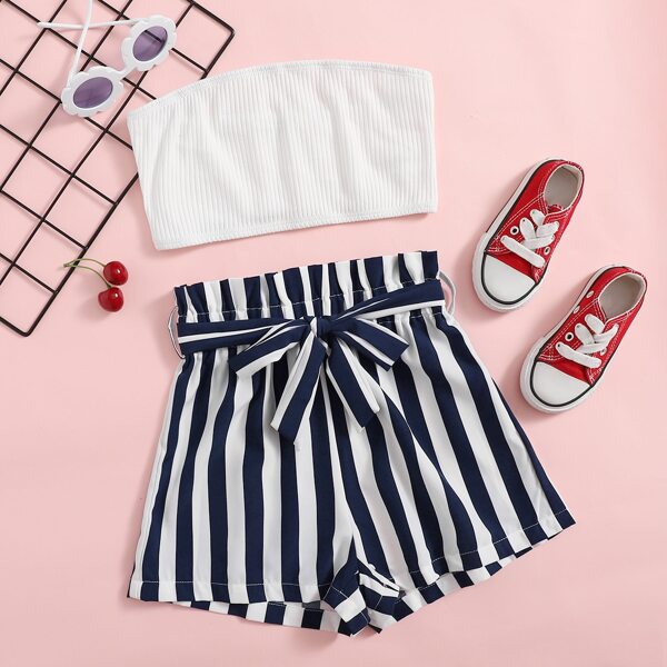 

Girls Ribbed Tube Top & Belted Striped Shorts Set, Blue and white