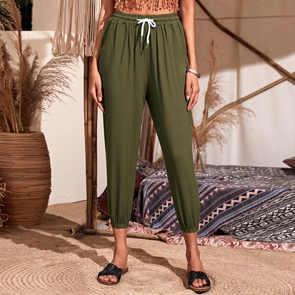 

Drawstring Waist Slant Pocket Tapered Pants, Army green