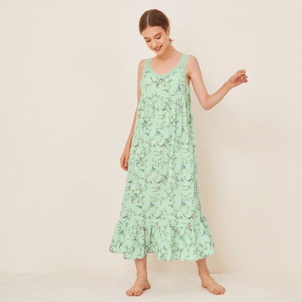 

Lace Trim Floral Print Smock Nightdress, Mint green