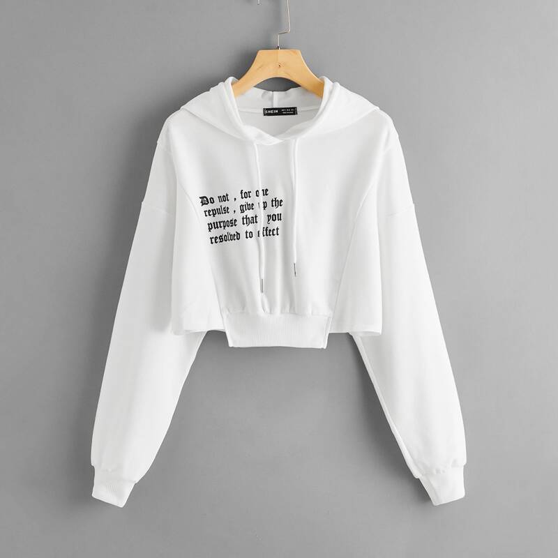 

Drop Shoulder Slogan Graphic Drawstring Hoodie, White