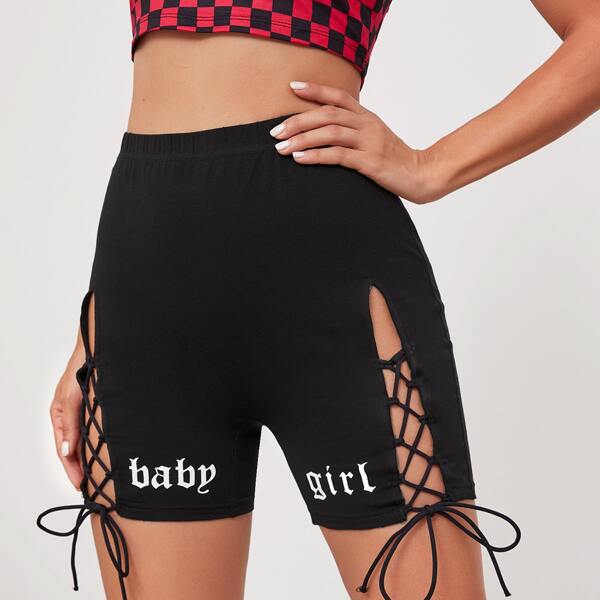

Lace Up Front Letter Graphic Biker Shorts, Black