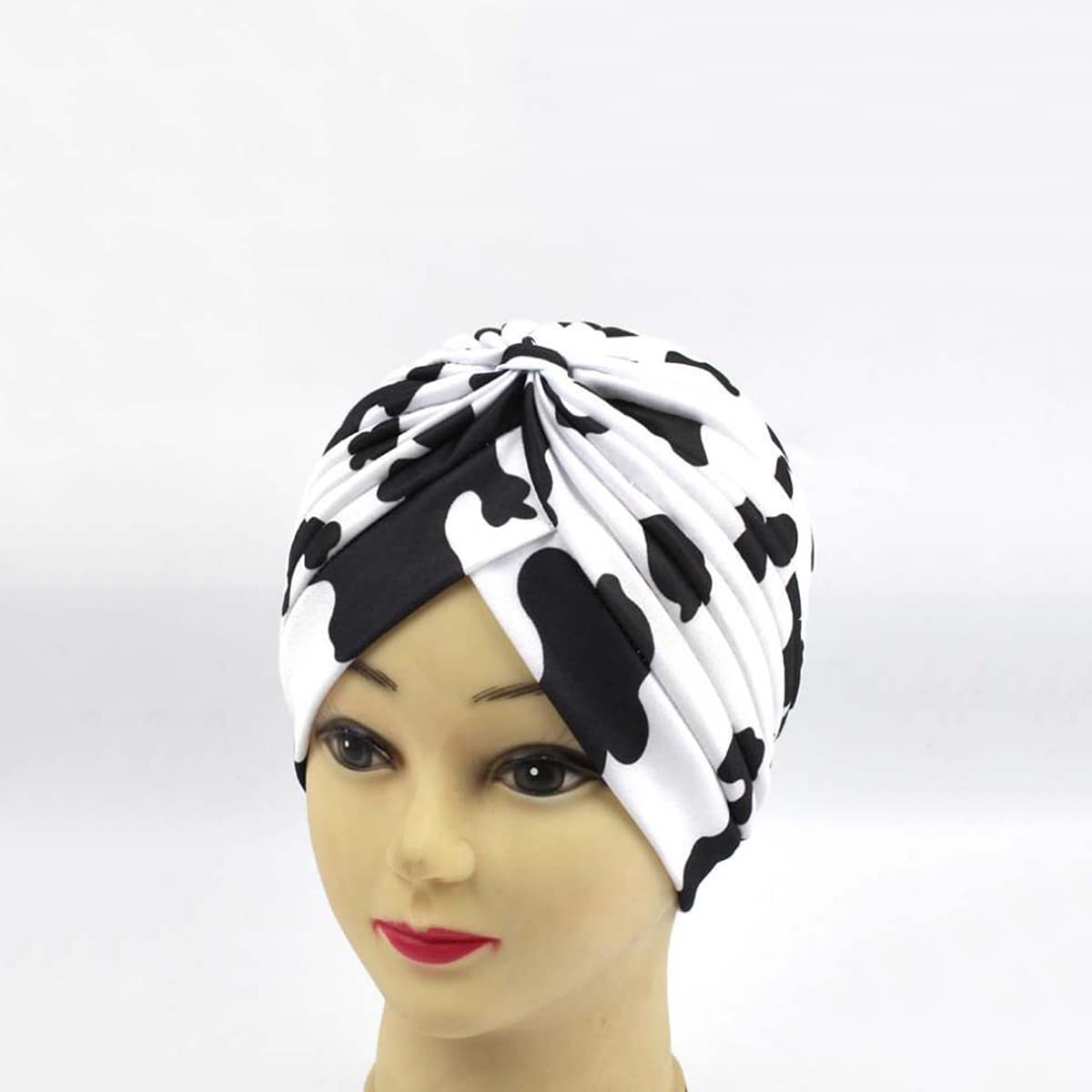 

Cow Print Turban Hat, Black and white
