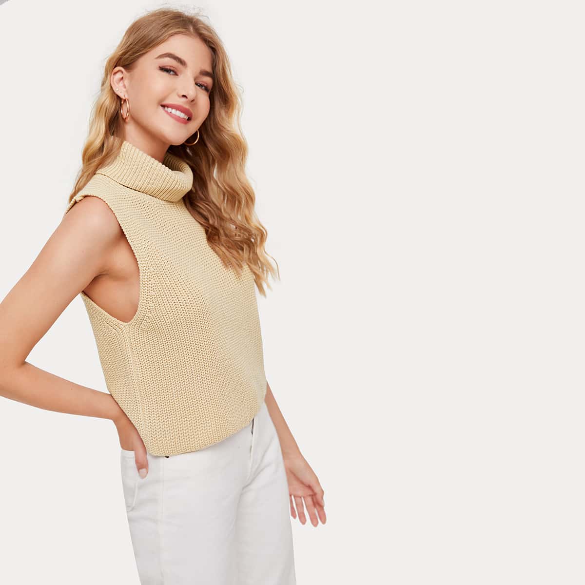 

High Neck Sleeveless Knit Top, Khaki
