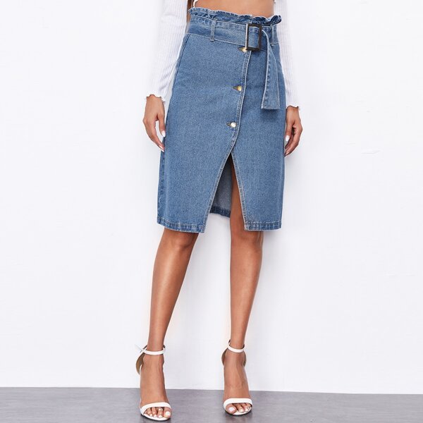 

Button Front Paperbag Waist Belted Denim Skirt, Medium wash