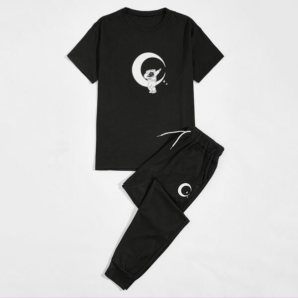 

Men Cartoon Graphic Tee & Drawstring Waist Sweatpants, Black