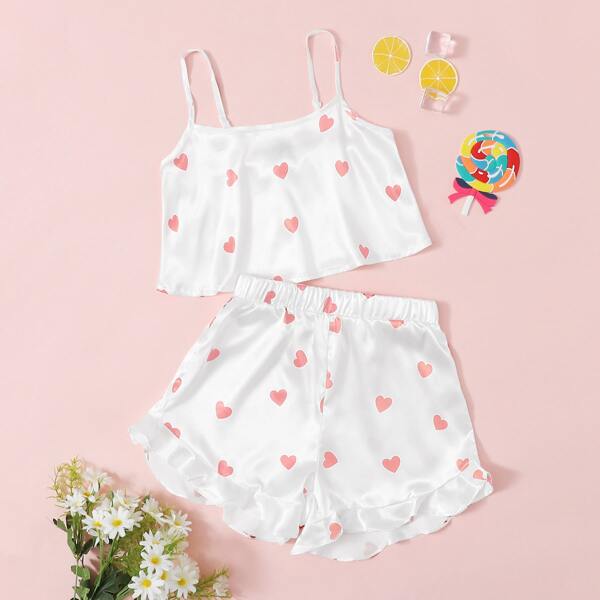 

Girls Heart Print Satin Cami Top & Ruffle Hem Shorts PJ Set, White