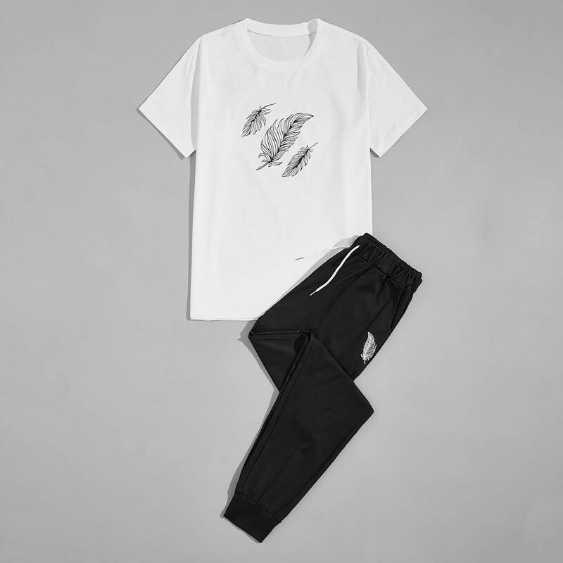 

Guys Leaf Print Tee & Drawstring Waist Sweatpants, Black and white