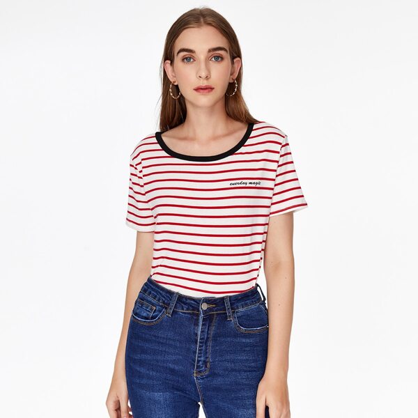 

Striped And Letter Graphic Tee, Red and white