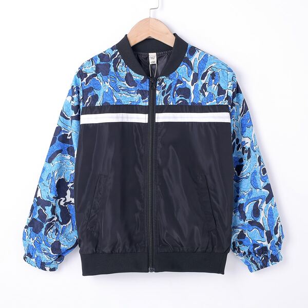 

Boys Graphic Print Colorblock Bomber Jacket, Black