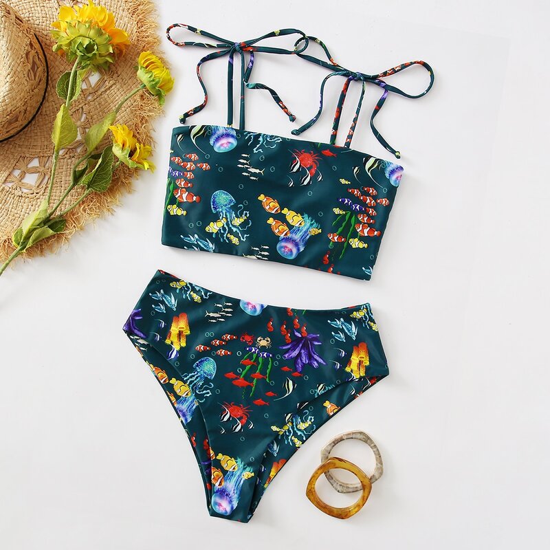 

Sea Animal Tie Shoulder High Waisted Bikini Swimsuit, Dark green